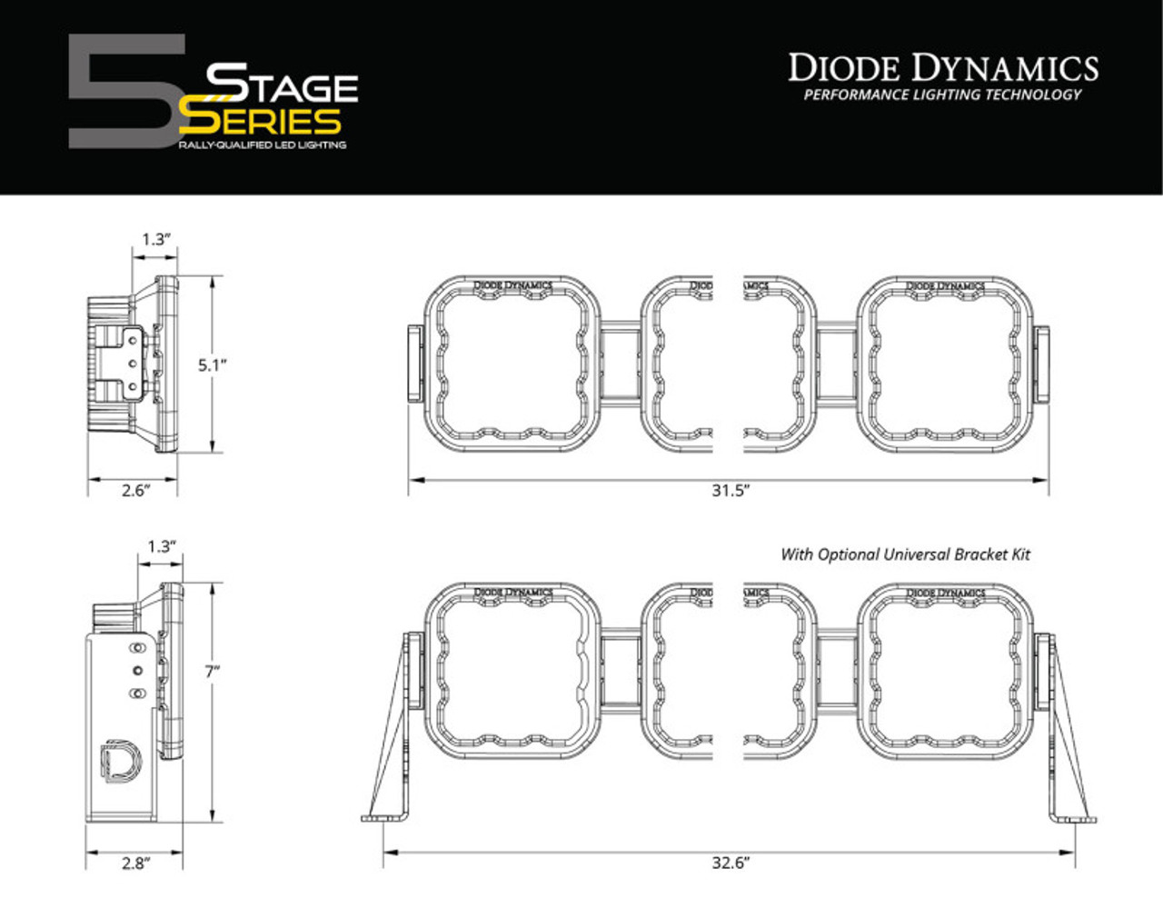 Diode Dynamics SS5 Sport Universal CrossLink 5-Pod Lightbar - Yellow Driving - DD7209