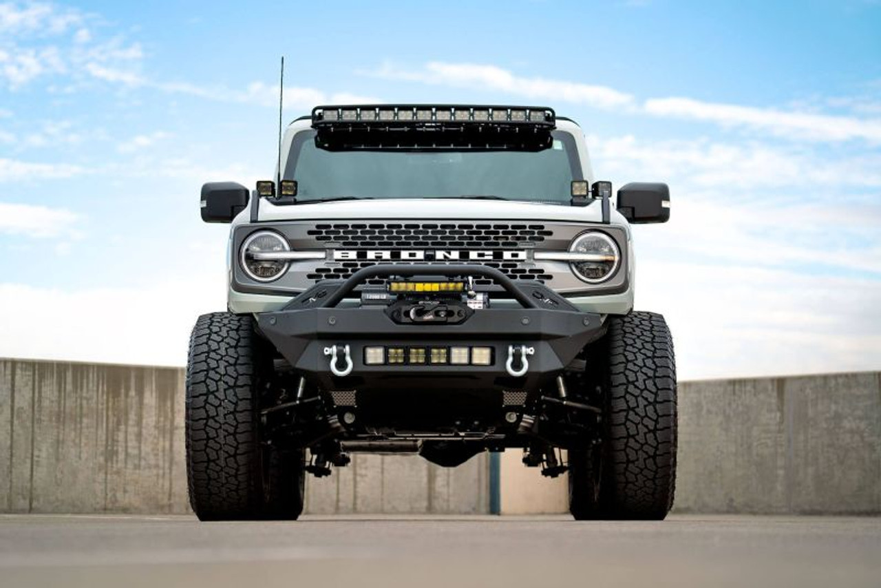 DV8 Offroad 2021+ Ford Bronco Modular Front Bumper Winch Capable w/ Auxiliary Light Mounts - FBBR-02 DV8 Offroad 2021+ Ford Bronco Modular Front Bumper Winch Capable w/ Auxiliary Light Mounts - FBBR-02