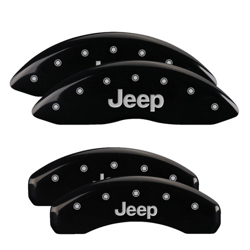 MGP 4 Caliper Covers Engraved Front & Rear 11-18 Jeep Grand Cherokee Black Finish Silver Jeep Logo - 42020SJEPBK Photo - Primary