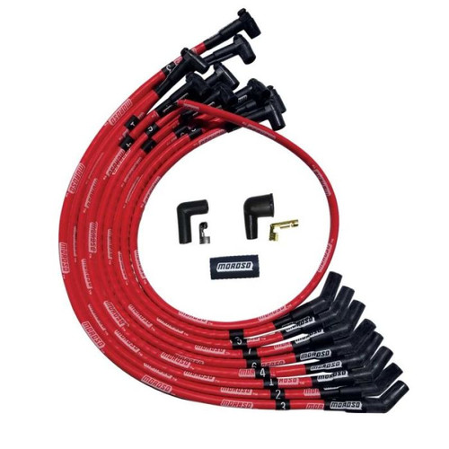 Moroso SBC Over Valve Cover 135 Deg Plug HEI Sleeved Ultra Spark Plug Wire Set - Red - 52527