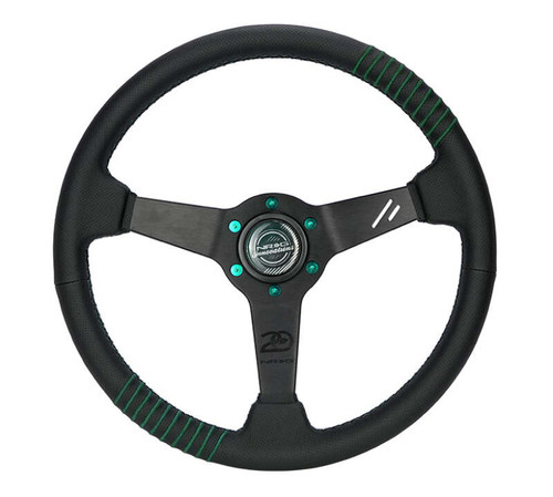 NRG Steering Wheel 1.5in Dish 350mm Black Perforated Leather - Emerald Stitching - Reinforced Spoke - RST-037MB-B-20 Photo - Primary