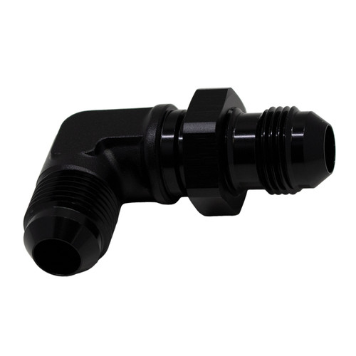 DeatschWerks 8AN Male Flare to 8AN Male Flare Bulkhead Adapter 90-Degree - Anodized Matte Black - 6-02-0711-B