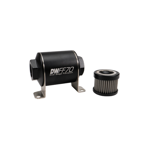 DeatschWerks Stainless Steel 8AN 100 Micron Universal Inline Fuel Filter Housing Kit (70mm) - 8-03-070-100K