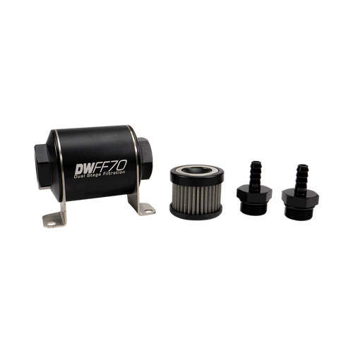 DeatschWerks Stainless Steel 5/16in 100 Micron Universal Inline Fuel Filter Housing Kit (70mm) - 8-03-070-100K-516