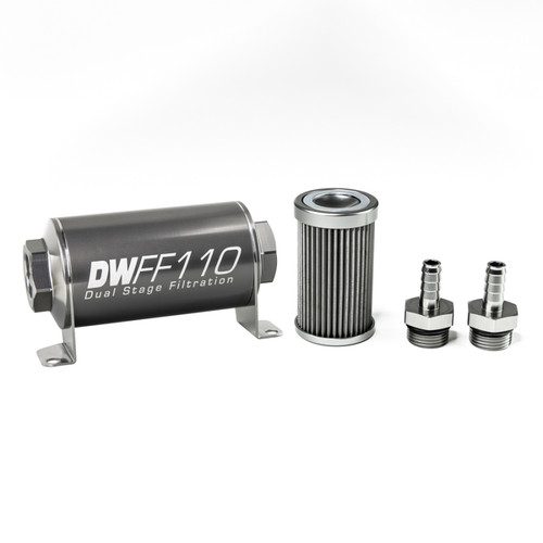 DeatschWerks Stainless Steel 3/8in 40 Micron Universal Inline Fuel Filter Housing Kit (110mm) - 8-03-110-040K-38