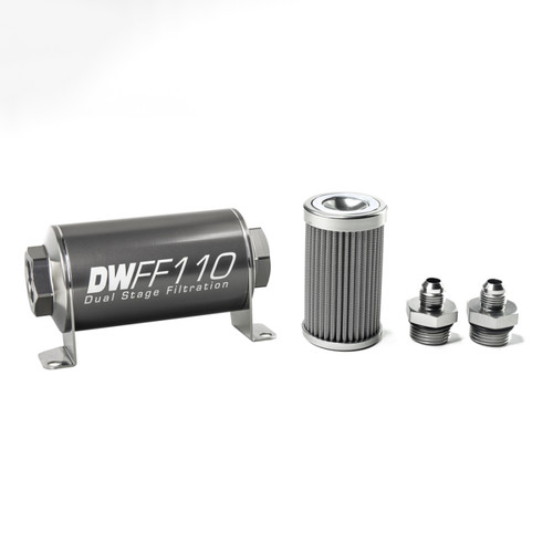 DeatschWerks Stainless Steel 6AN 100 Micron Universal Inline Fuel Filter Housing Kit (110mm) - 8-03-110-100K-6