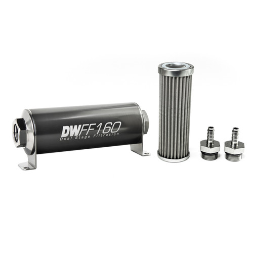DeatschWerks Stainless Steel 5/16in 100 Micron Universal Inline Fuel Filter Housing Kit (160mm) - 8-03-160-100K-516