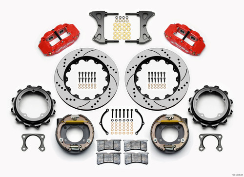 Wilwood Narrow Superlite 4R Rear P-Brk Kit 14.00in Drill Red Strange Eng Floater 3.49in Offset - 140-12436-DR