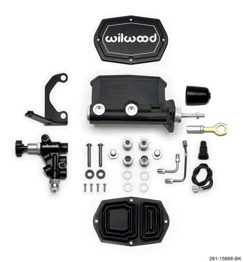 Wilwood Compact Tandem M/C - 1.12in Bore w/RH Bracket and Valve (Mustang Pushrod) - Black - 261-15666-BK
