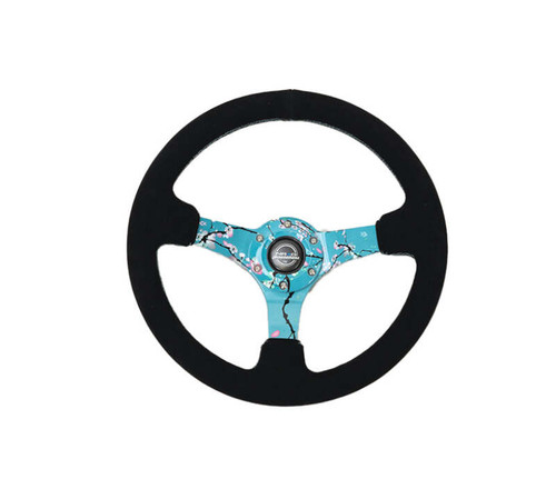 NRG Reinforced Suede Steering Wheel (350mm / 3in. Deep) Hydro Dipped Blossom Floral w/ Teal Stitch - RST-036BLOSSOM-S Photo - Primary