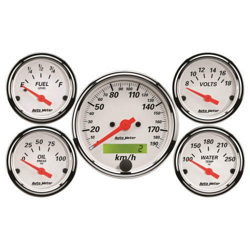 Autometer Arctic White 5 Pc Kit Box w/ Elec KMH Speedo, Elec Oil Press, Water Temp, Volt, Fuel Level - 1302-M