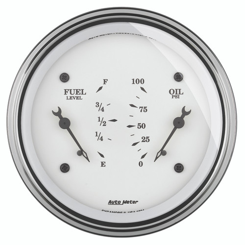 AutoMeter Gauge Dual Fuel & Oilp 3-3/8in. 0 Ohm(e) to 90 Ohm(f)& 100PSI Elec Old Tyme White - 1624