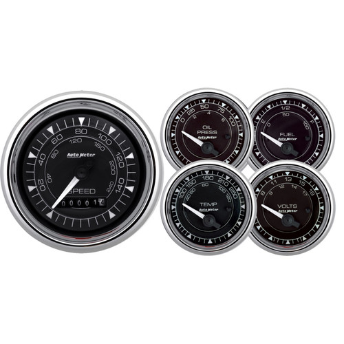 AutoMeter Chrono 3-3/8in & 2-1/16in Gauge Kit (5pc) w/Electric Speedometer - Chrome - 9708 Photo - Primary