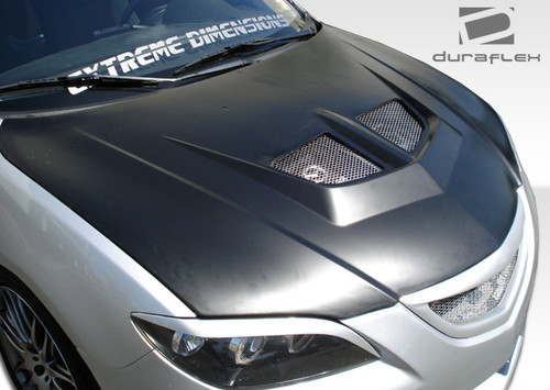 2004-2009 Mazda 3 4DR Duraflex Evo Hood - 1 Piece / Vehicle Year Make Model Trim - 2004-2009-Mazda Mazda 3 4DR / Product Type - Hood / Style Name -Evo / Kit Material - FRP (Fiberglass Reinforced Plastics) / Notes - Note: Hood pins are required.