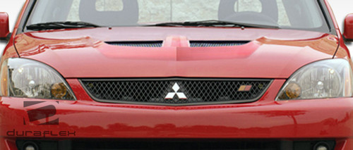 2004-2007 Mitsubishi Lancer Duraflex Evo Hood - 1 Piece / Vehicle Year Make Model Trim - 2004-2007-Mitsubishi Lancer ALL / Product Type - Hood / Style Name -Evo / Kit Material - FRP (Fiberglass Reinforced Plastics) / Notes - Note: Hood pins are required.