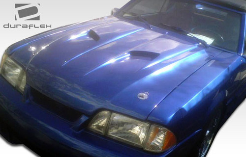 1987-1993 Ford Mustang Duraflex Mach 2 Hood - 1 Piece / Vehicle Year Make Model Trim - 1987-1993-Ford Mustang ALL / Product Type - Hood / Style Name -Mach 2 / Kit Material - FRP (Fiberglass Reinforced Plastics) / Notes - Note: Hood pins are required.