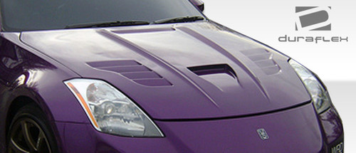 2003-2006 Nissan 350Z Z33 Duraflex Vader Hood - 1 Piece / Vehicle Year Make Model Trim - 2003-2006-Nissan 350Z ALL / Product Type - Hood / Style Name -Vader / Kit Material - FRP (Fiberglass Reinforced Plastics) / Notes - Note: Hood pins are required.