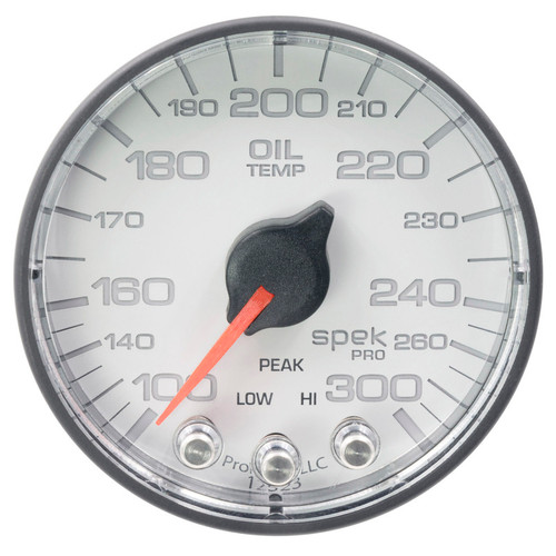 Autometer Spek-Pro Gauge Oil Temp 2 1/16in 300f Stepper Motor W/Peak & Warn Wht/Blk - P322128