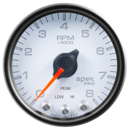 Autometer Spek-Pro Gauge Tach 2 1/16in 8K Rpm W/ Shift Light & Peak Mem Wht/Blk - P33412