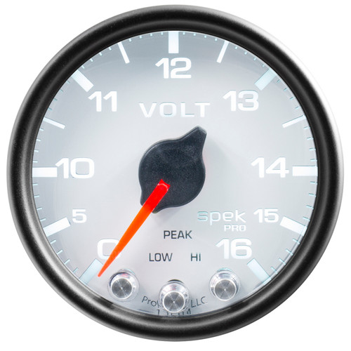 Autometer Spek-Pro Gauge Voltmeter 2 1/16in 16V Stepper Motor W/Peak & Warn Wht/Blk - P34412