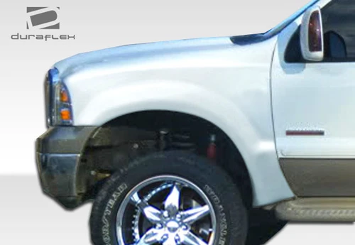 1999-2007 Ford Super Duty F250 F350 F450 F550 / 2000-2005 Ford Excursion Duraflex 3.5" Off Road Bulge Front Fenders - 2 Piece / Vehicle Year Make Model Trim - 1999-2007-Ford Super Duty ALL / Product Type - Fender / Style Name -Off Road Bulge / Kit Material - FRP (Fiberglass Reinforced Plastics) / Notes - Note: the fenders are widened 3.5 inches and designed for oversized tire clearance.