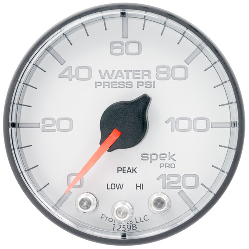 Autometer Spek-Pro 2 1/16in 120PSI Stepper Motor W/Peak & Warn White/Black Water Pressure Gauge - P345128