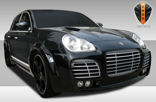 2003-2006 Porsche Cayenne Eros Version 1 Wide Body Front Bumper Cover - 1 Piece / Vehicle Year Make Model Trim - 2003-2006-Porsche Cayenne ALL / Product Type - Front Bumper / Style Name -Eros Version 1 / Kit Material - FRP (Fiberglass Reinforced Plastics) / Notes - Note: Must me used with entire Eros Version 1 Wide Body Kit. uses 3" fog lights (part # 105957)