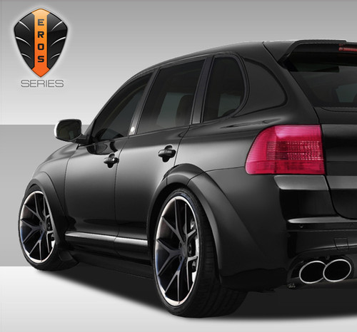 2003-2006 Porsche Cayenne Eros Version 1 Wide Body Rear Fender Flares - 4 Piece / Vehicle Year Make Model Trim - 2003-2006-Porsche Cayenne ALL / Product Type - Fender Flare / Style Name -Eros Version 1 / Kit Material - FRP (Fiberglass Reinforced Plastics) / Notes - Note: Must me used with entire Eros Version 1 Wide Body Kit