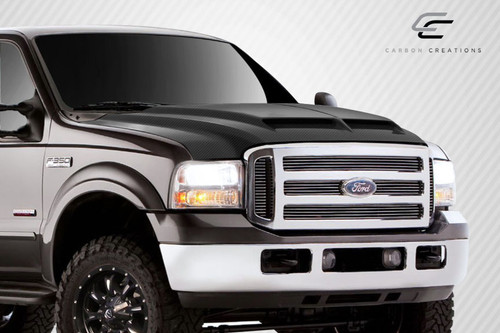 1999-2007 Ford Super Duty F250 F350 F450 F550 / 2000-2005 Ford Excursion Carbon Creations CVX Hood - 1 Piece / Vehicle Year Make Model Trim - 1999-2007-Ford Super Duty ALL / Product Type - Hood / Style Name -CVX / Kit Material - Carbon Fiber / Notes - Note: Hood pins are required.
