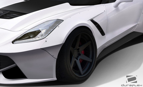 2014-2019 Chevrolet Corvette C7 Duraflex Gran Veloce Wide Body Front Fender Flares- 2 Piece / Vehicle Year Make Model Trim - 2014-2019-Chevrolet Corvette ALL / Product Type - Fender Flare / Style Name -Gran Veloce / Kit Material - FRP (Fiberglass Reinforced Plastics) / Notes - Note: Must be used with Gran Veloce front bumper (112424). Modifications will be needed to be used with OEM front bumper.