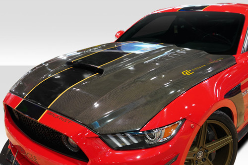 2015-2017 Ford Mustang Carbon Creations CVX Hood - 1 Piece / Vehicle Year Make Model Trim - 2015-2017-Ford Mustang ALL / Product Type - Hood / Style Name -CVX / Kit Material - Carbon Fiber / Notes - Note: Hood pins are required.