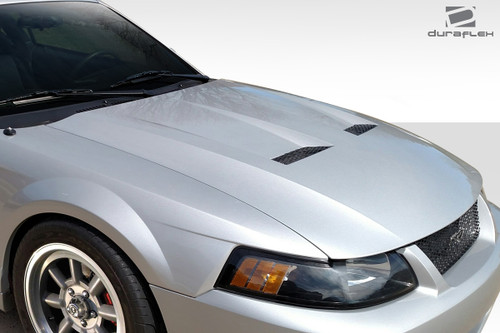 1999-2004 Ford Mustang Duraflex Cobra Look Hood - 1 Piece / Vehicle Year Make Model Trim - 1999-2004-Ford Mustang ALL / Product Type - Hood / Style Name -Cobra Look / Kit Material - FRP (Fiberglass Reinforced Plastics) / Notes - Note: Hood pins are required.