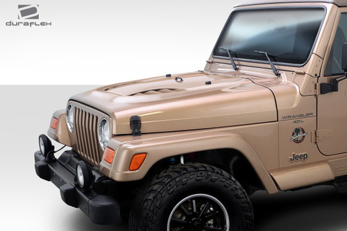 1997-2006 Jeep Wrangler Duraflex Power Dome Hood - 1 Piece / Vehicle Year Make Model Trim - 1997-2006-Jeep Wrangler ALL / Product Type - Hood / Style Name -Power Dome / Kit Material - FRP (Fiberglass Reinforced Plastics) / Notes - Note: Hood pins are required. will not fit models equipped with highline fenders