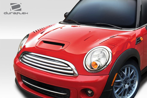 2007-2013 Mini Cooper Hatchback R56 Clubman R55 2009-2015 Cooper convertible R57 2012-2015 Cooper Coupe / Roadster R58 R59 Duraflex Racer Hood - 1 Piece / Vehicle Year Make Model Trim - 2007-2015-MINI Cooper ALL / Product Type - Hood / Style Name -Racer / Kit Material - FRP (Fiberglass Reinforced Plastics) / Notes - Note: Hood pins are required.