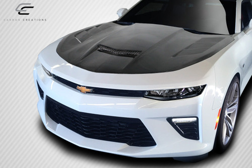 2016-2024 Chevrolet Camaro Carbon Creations TS-1 Hood - 1 Piece / Vehicle Year Make Model Trim - 2016-2024-Chevrolet Camaro ALL / Product Type - Hood / Style Name -TS-1 / Kit Material - Carbon Fiber / Notes - Note: Hood pins are required. Not designed for ZL1.