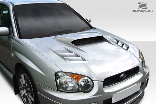 2004-2005 Subaru Impreza WRX STI Duraflex TS-1 Hood - 1 Piece / Vehicle Year Make Model Trim - 2004-2005-Subaru Impreza ALL / Product Type - Hood / Style Name -TS-1 / Kit Material - FRP (Fiberglass Reinforced Plastics) / Notes - Hood pins are required.