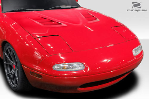 1990-1997 Mazda Miata Duraflex Venom Hood - 1 Piece / Vehicle Year Make Model Trim - 1990-1997-Mazda Miata ALL / Product Type - Hood / Style Name -Venom / Kit Material - FRP (Fiberglass Reinforced Plastics) / Notes - Hood pins are required.