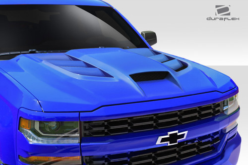 2016-2018 Chevrolet Silverado Duraflex Viper Look Hood - 1 Piece / Vehicle Year Make Model Trim - 2016-2018-Chevrolet Silverado ALL / Product Type - Hood / Style Name -Viper / Kit Material - FRP (Fiberglass Reinforced Plastics) / Notes - Note: Hood pins are required. Designed for 1500 models only. Will not fit HD models