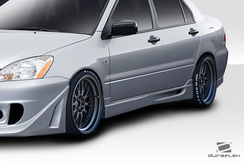 2002-2007 Mitsubishi Lancer Duraflex Trackstar Side Skirts - 2 Piece / Vehicle Year Make Model Trim - 2002-2007-Mitsubishi Lancer ALL / Product Type - Sideskirts / Style Name -Trackstar / Kit Material - FRP (Fiberglass Reinforced Plastics) / Notes -