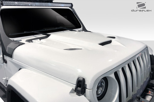 2018-2025 Jeep Wrangler JL Gladiator JT Duraflex Hellcat Look Hood - 1 Piece / Vehicle Year Make Model Trim - 2018-2025-Jeep Wrangler ALL / Product Type - Hood / Style Name -Hellcat / Kit Material - FRP (Fiberglass Reinforced Plastics) / Notes - Note: Hood pins are required.