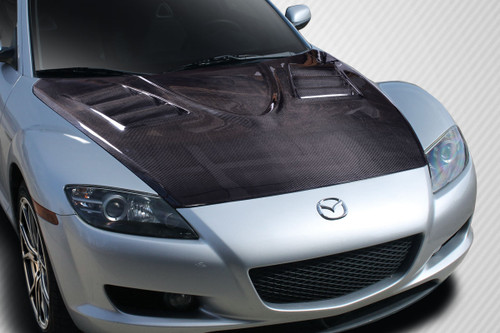 2004-2008 Mazda RX-8 Carbon Creations Vader Hood - 1 Piece / Vehicle Year Make Model Trim - 2004-2008-Mazda RX8 ALL / Product Type - Hood / Style Name -Vader / Kit Material - Carbon Fiber / Notes - Note: Hood pins are required.