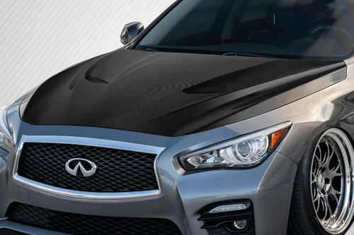 2014-2023 Infiniti Q50 Carbon Creations S Concept Hood - 1 Piece / Vehicle Year Make Model Trim - 2014-2023-Infiniti Q50 ALL / Product Type - Hood / Style Name -S Concept / Kit Material - Carbon Fiber / Notes - Hood pins are required.