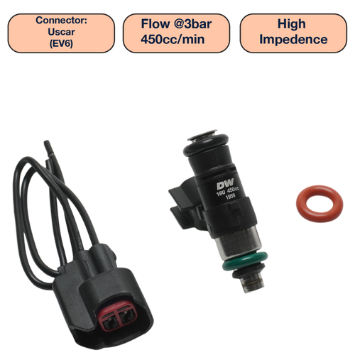 DeatschWerks Universal 450cc Single Fuel Injector / 34mm Length / 14mm O-Ring Seals - DW450-34-14-14-1 Photo - Primary