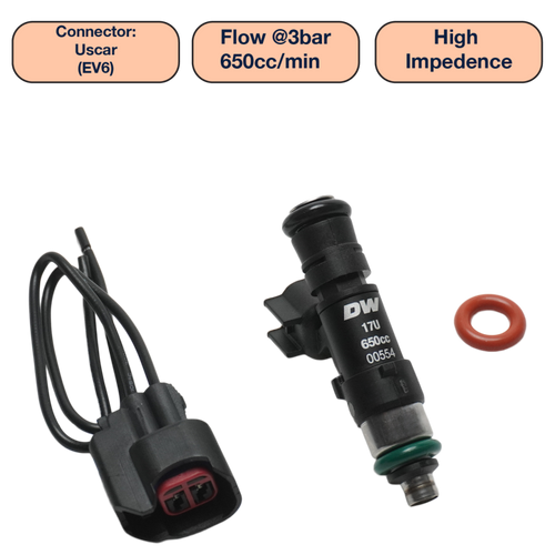 DeatschWerks Universal 650cc Single Fuel Injector / 48mm Length / 14mm O-Ring Seals - DW650-48-14-14-1 Photo - Primary