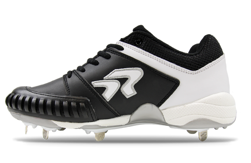 Ringor Flite pitching toe softball spike. Leather shoes with metal cleats. Left shoe inside view.