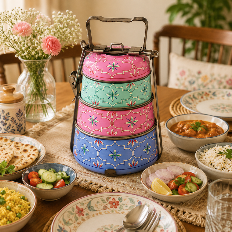 Hand Painted Steel Pyramid Tiffin- 3 Container: Pink, Blue, C-Green