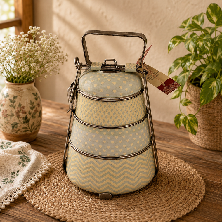 Hand Painted Steel Pyramid Tiffin- 3 Container: Baby Blue