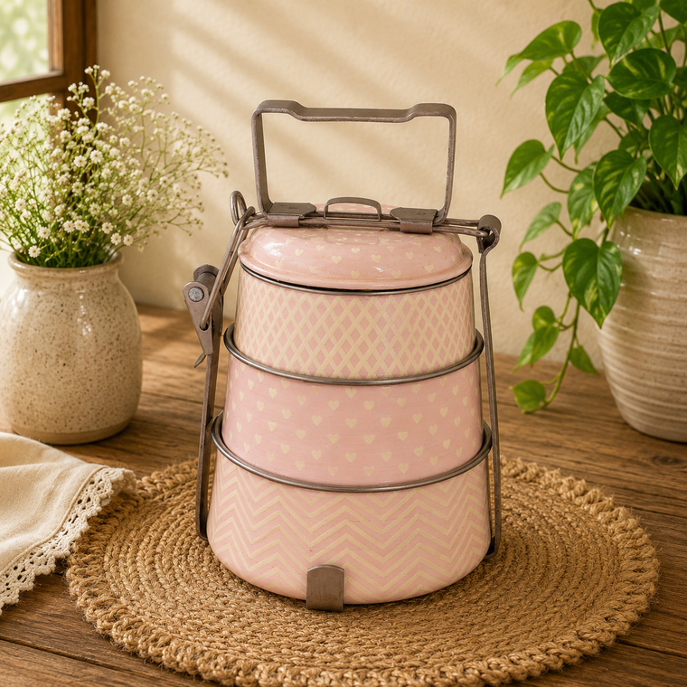 Hand Painted Steel Pyramid Tiffin- 3 Container: Baby Pink