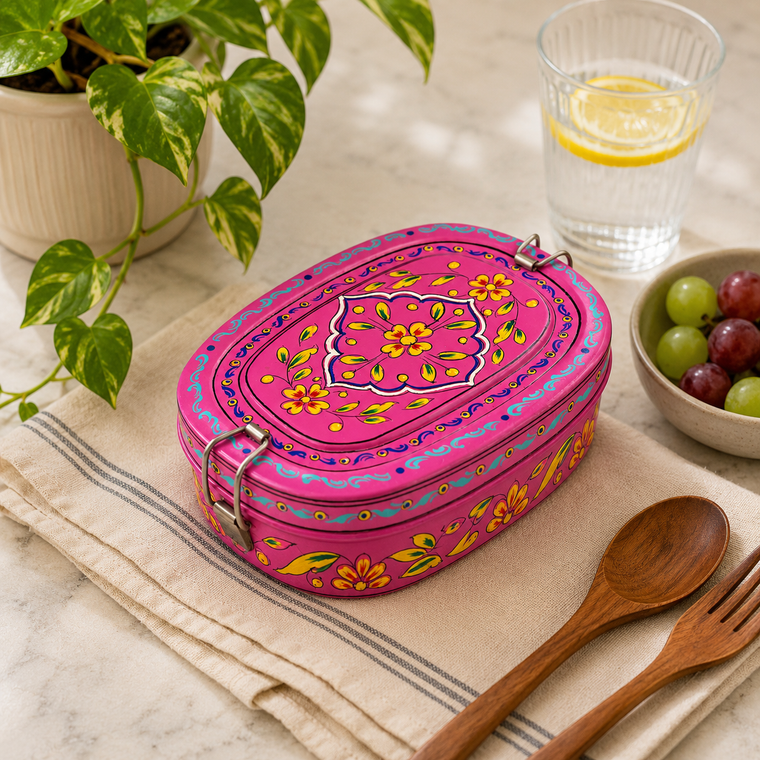 Hand Painted Steel Bento Box: Dark Pink Tiffin, Lunch Box