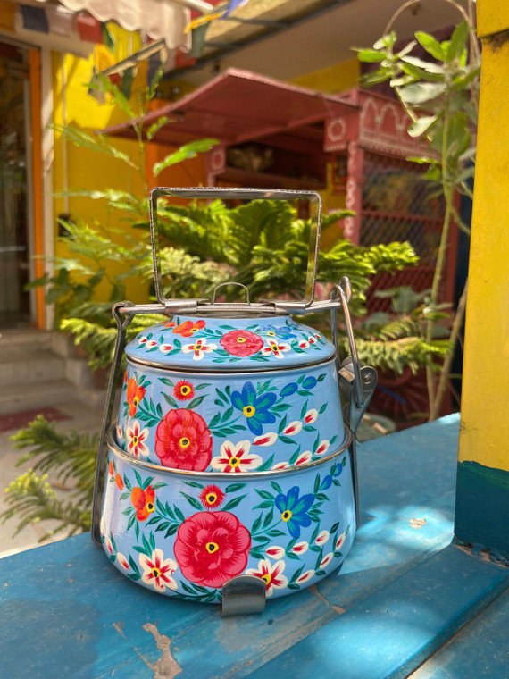 Hand Painted 2  Tier Steel Lunch Box- Blue Floral Lunch Box